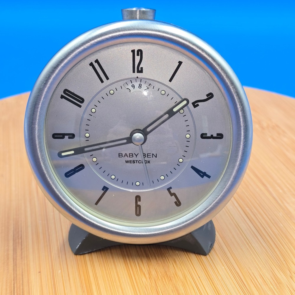 Westclox Baby Ben Alarm Clock Gunmetal Gray Silver Wind Up Luminous Retro MCM